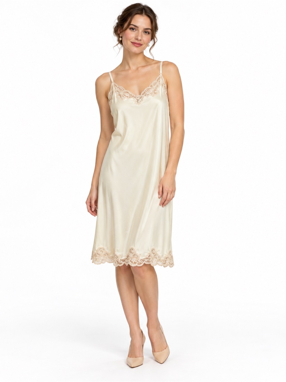 Vintage Wondermaid Non-Cling Beige Neutral Lace-Trimmed Slip Dress Size 42